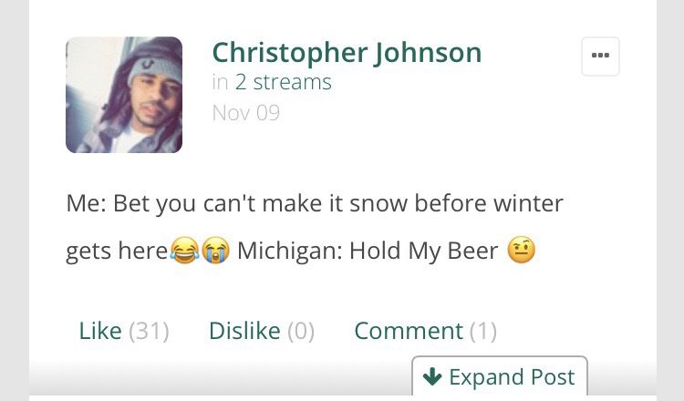 As expected, a post roasting Michigan’s infamous weather patterns garnered 31 likes: